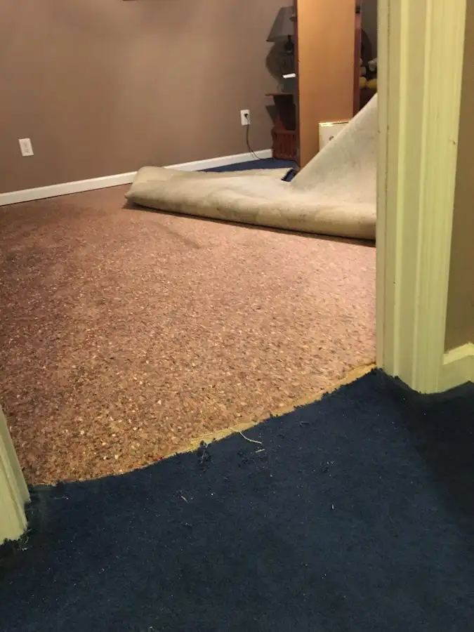 Carpet pad removal revealing water damage during Water Mitigation Services in Savannah